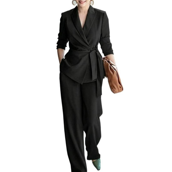 Women's casual solid color suit lace up top and pants two-piece set 