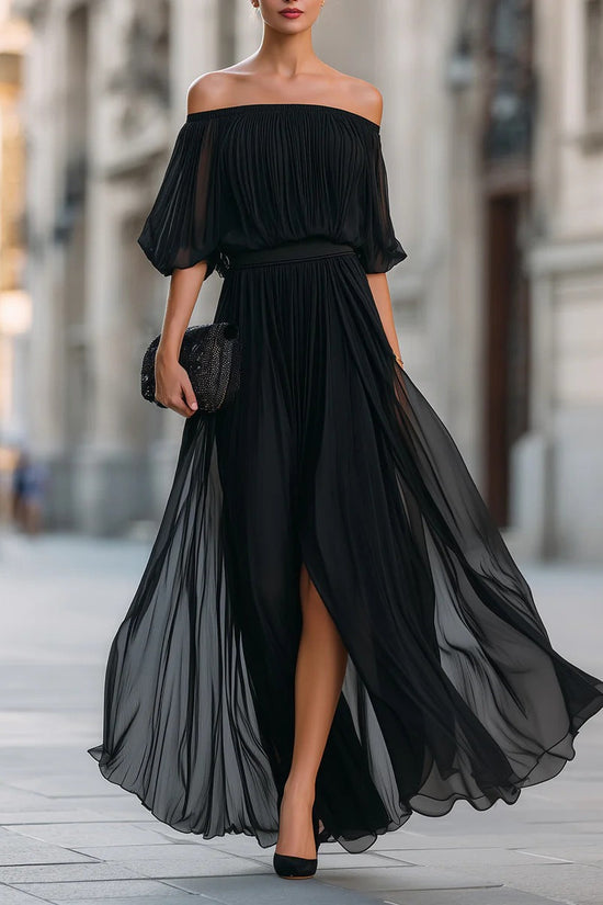 New Black Chiffon Maxi Dress with Split, One-Shoulder Design, Flowing and Draping Skirt 