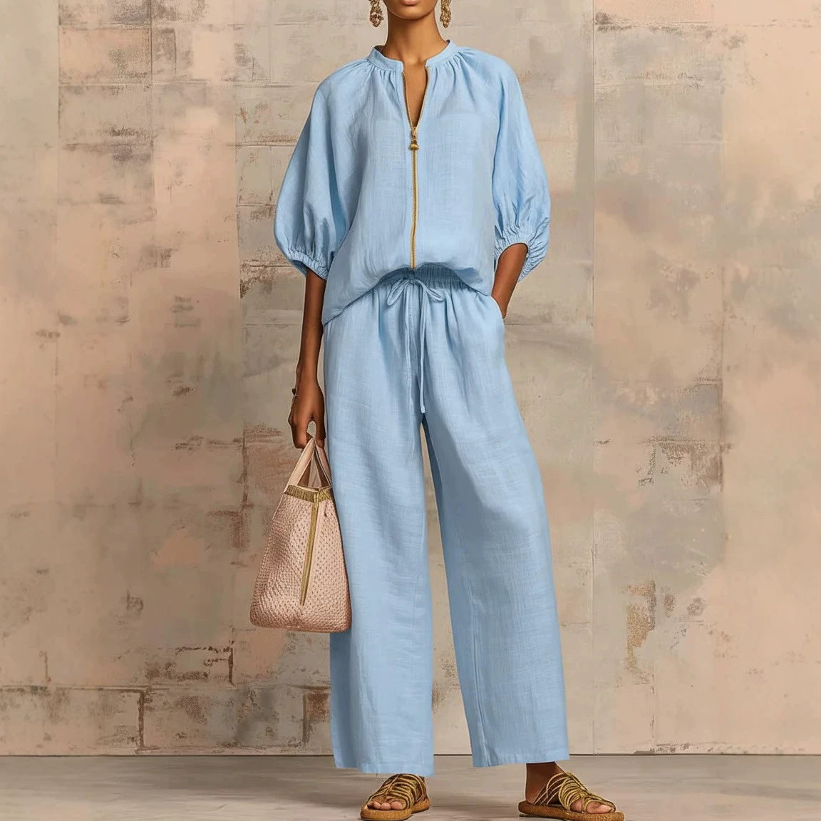Summer Women's Casual Loose Solid Color Zipper Round Neck Wide Leg Pants Set 