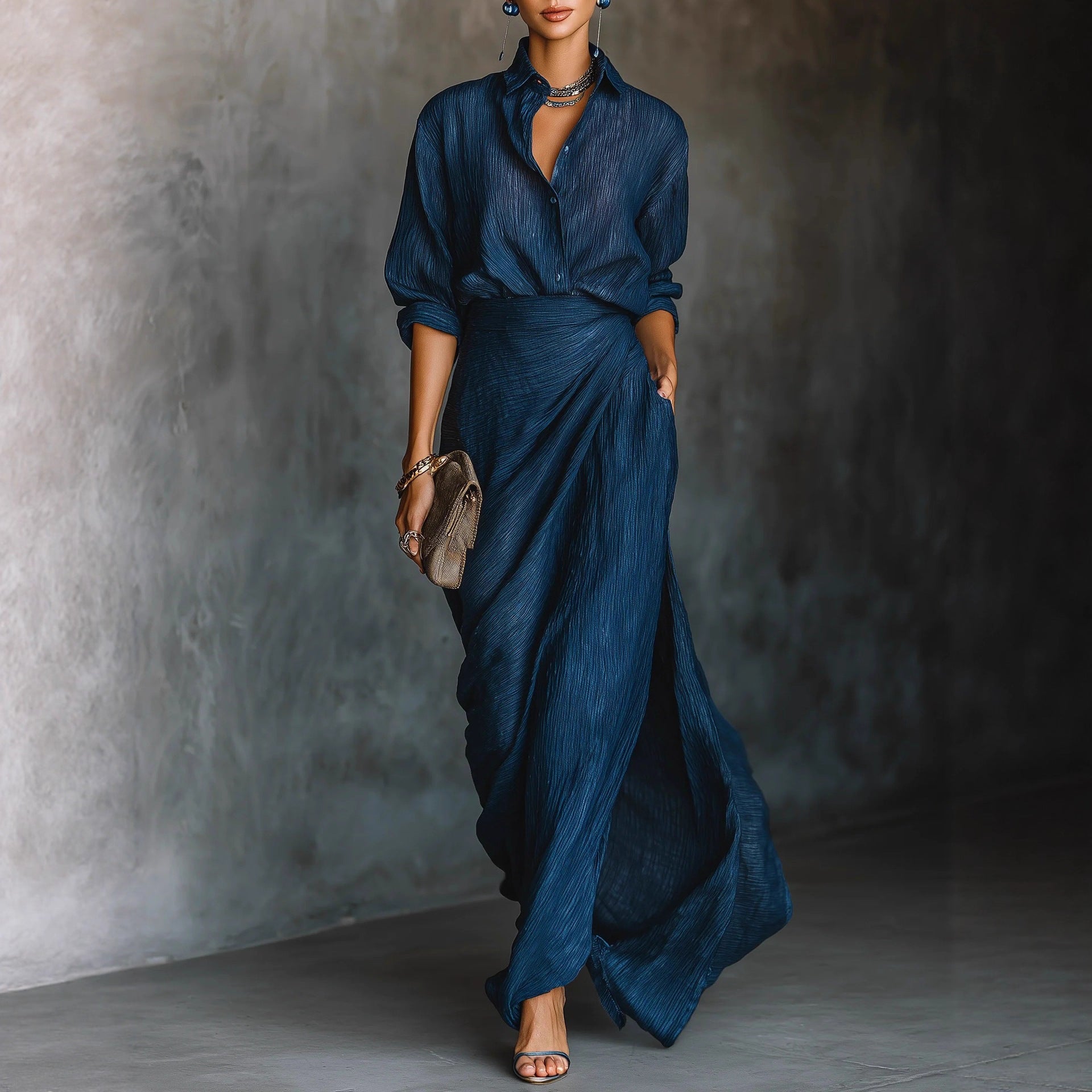 Elegant Chic Sexy Solid Color Irregular Pleated Dress with Belt for Women 