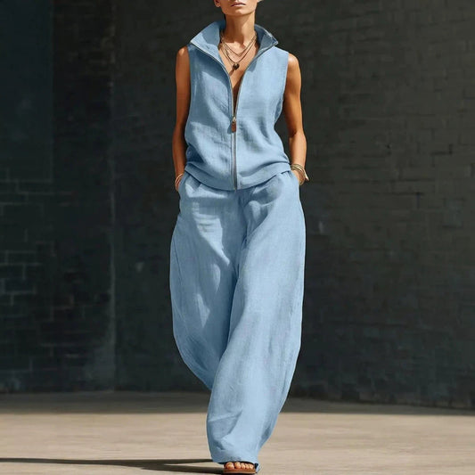 Sleeveless Stand Collar Zippered Linen Cotton Two-Piece Set 
