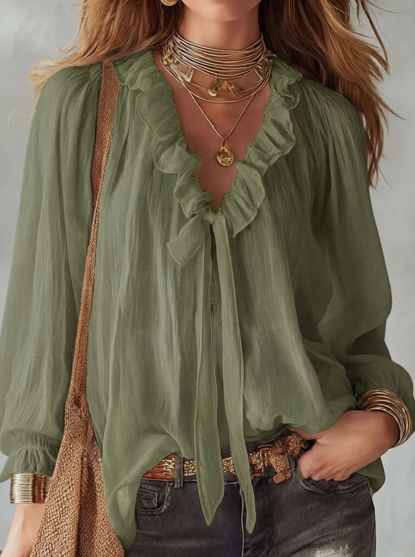 Fashionable V-neck Loose-fit Shirt Top 