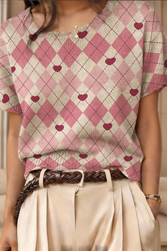 Retro Short-Sleeve Sweater Contrast-Color Jacquard Knit Top 