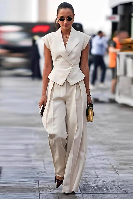 Beige Elegant Sleeveless Waist-Cinching Suit Set 
