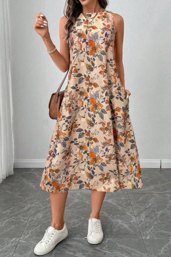 Womens Printed All-Match Sleeveless Pocketed Dress 