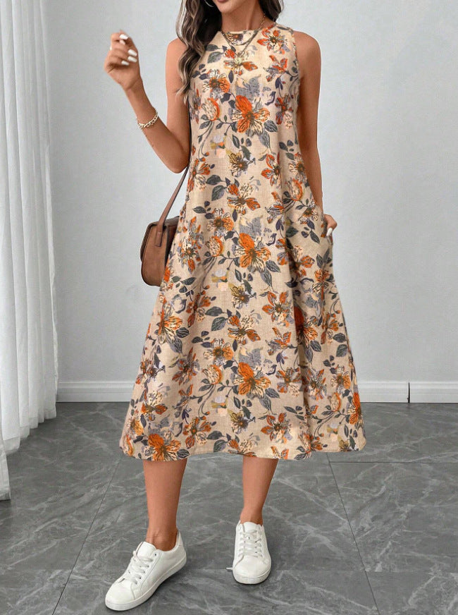 Womens Printed All-Match Sleeveless Pocketed Dress 