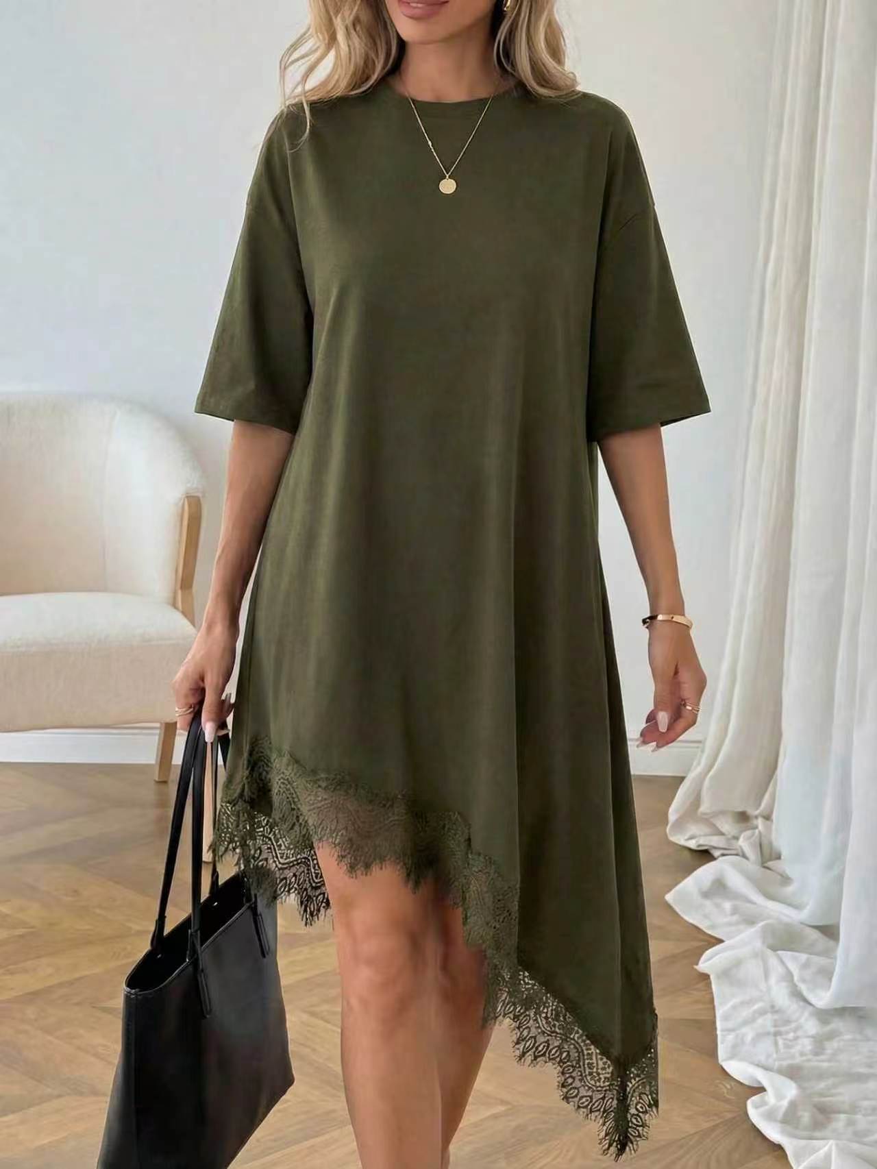 Women's Casual Solid Color Sexy Lace Trim Dress 