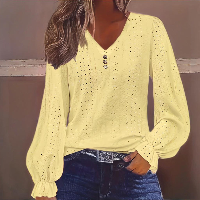 Plus Size Women's V-Neck Solid Top With Button Lantern Sleeves Hollow Out Detail Blouse For Spring&Fall CJ US