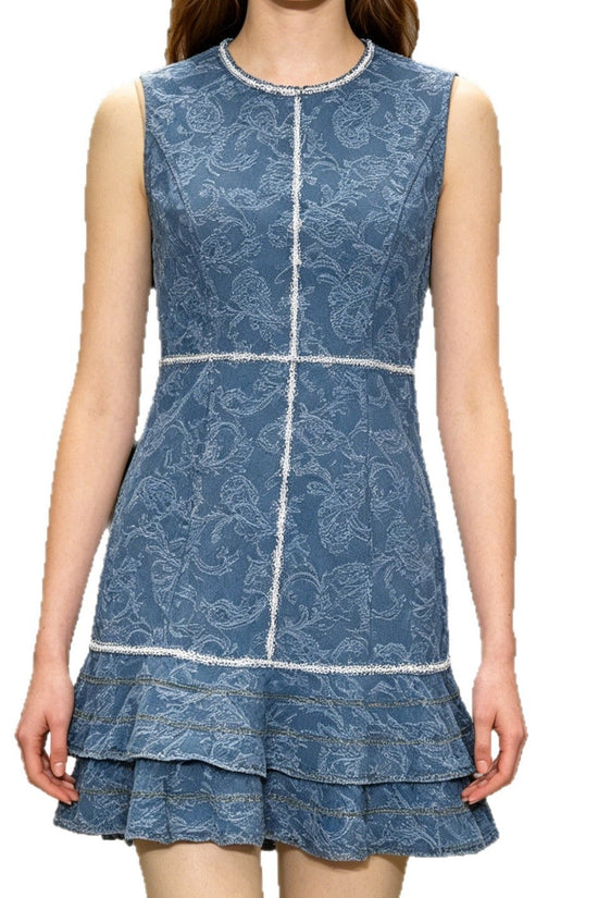 Sleeveless blue and white print element denim blue dress 