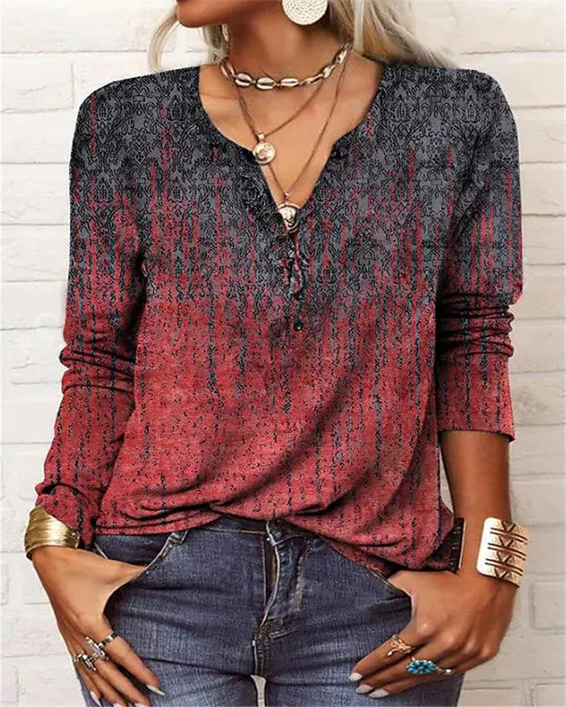 Women's Casual Ethnic Style V-neck Long-sleeved T-shirt 