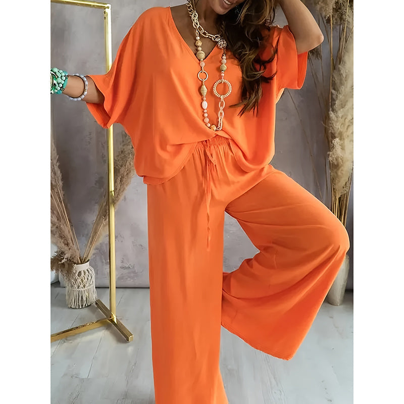 Women's 2 Piece Outfit, Casual Solid Color V-Neck Half Sleeve Top And Wide Leg Pants Lounge Set CJ