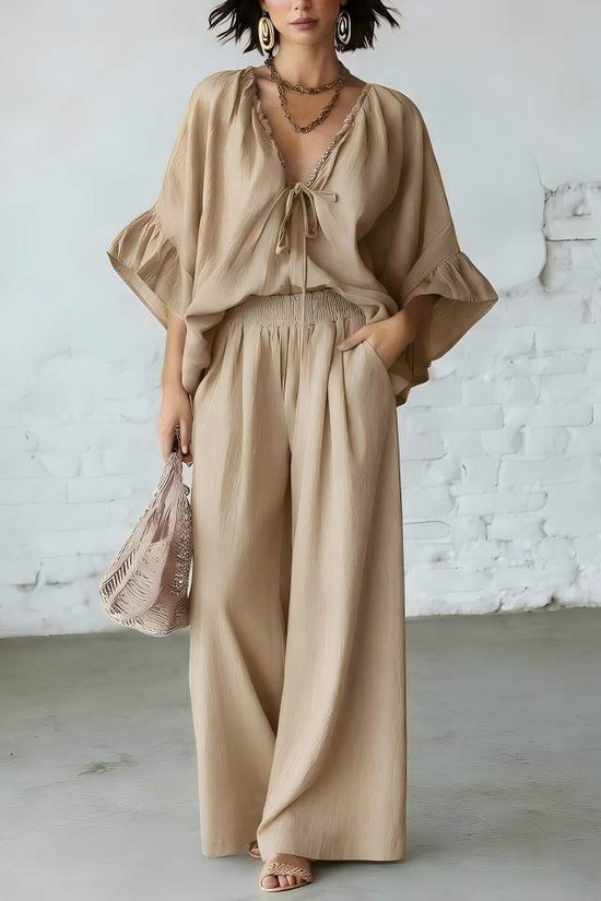 Loose-fit Cotton-linen V-neck Wide-leg Pants Two-piece Set 