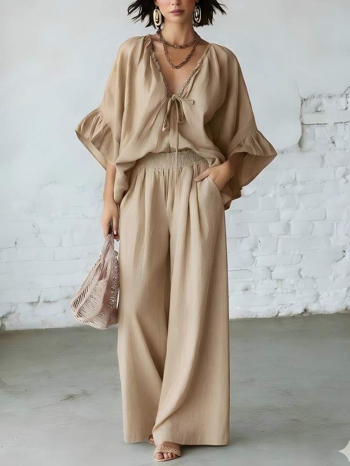 Loose-fit Cotton-linen V-neck Wide-leg Pants Two-piece Set 