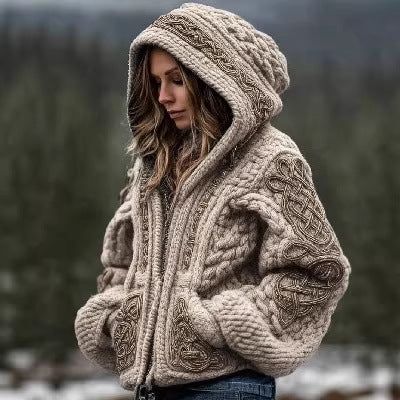 Womens Fashionable Printed Hooded Zip-Up Cardigan Sweater 