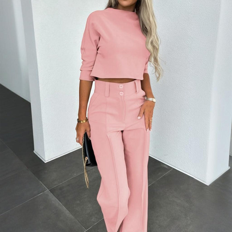 Women's Elegant Solid Color Half Sleeve Short Top With Straight Leg Pants Two-Piece Office Wear Suit With Pockets CJ US
