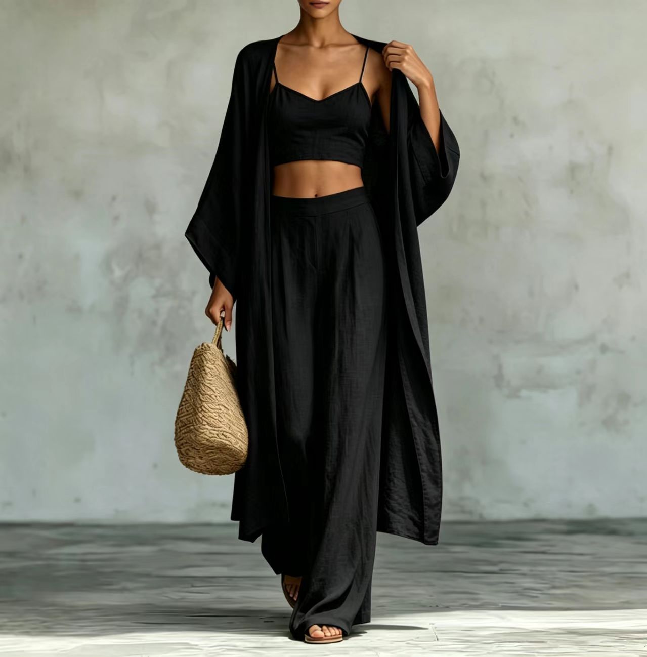 Loose cardigan short strap high waist wide leg pants set 