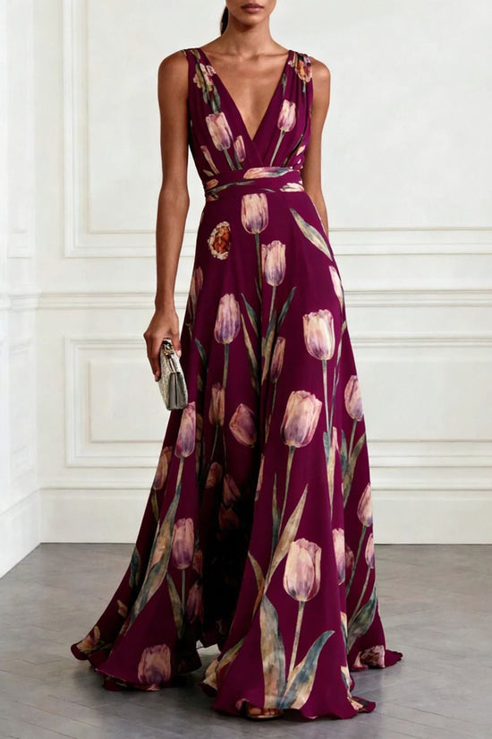 Elegant Tulip Print Evening Dress for Women Sleeveless V-Neck Chiffon Long Dress 