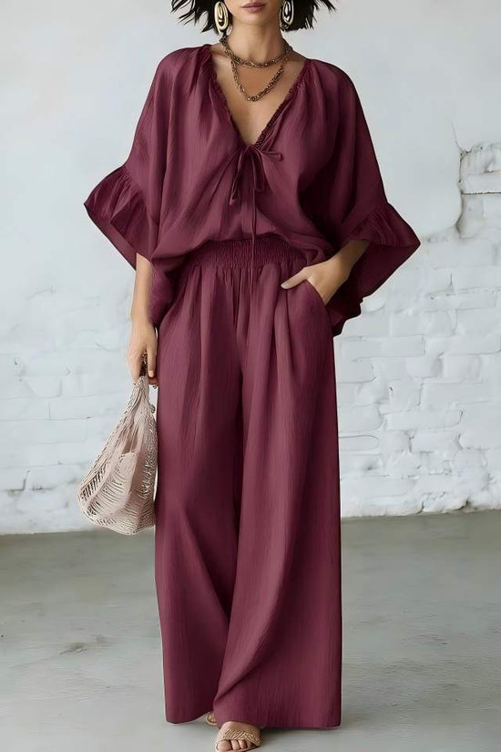 Loose-fit Cotton-linen V-neck Wide-leg Pants Two-piece Set 