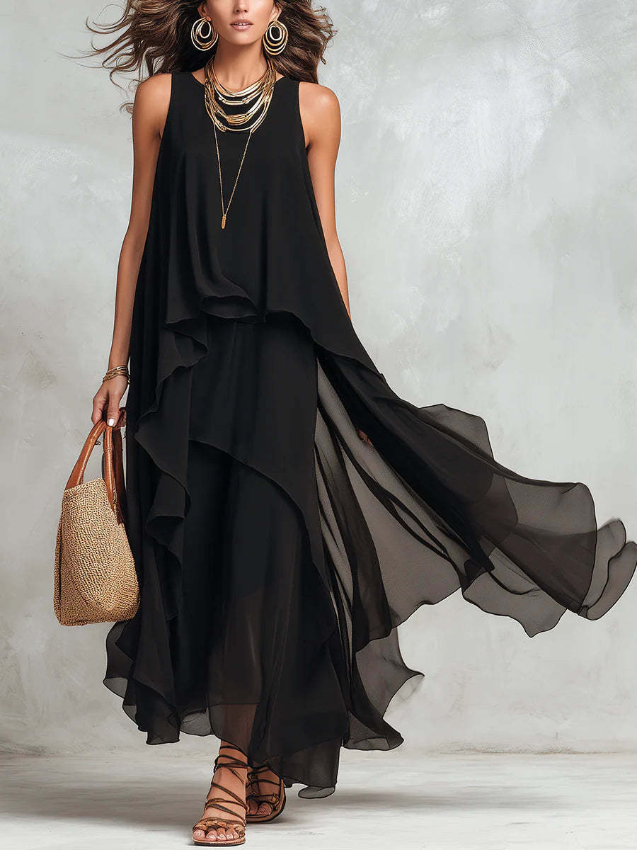Black Sleeveless Asymmetrical Chiffon Maxi Elegant Flowing Womens Dress 