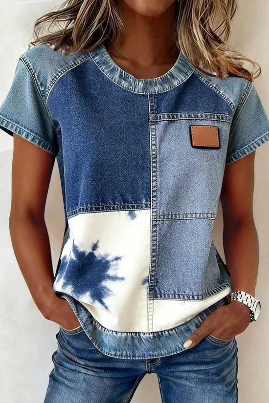 Women's Retro Denim Patchwork Short-Sleeve Shirt – Loose Fit 