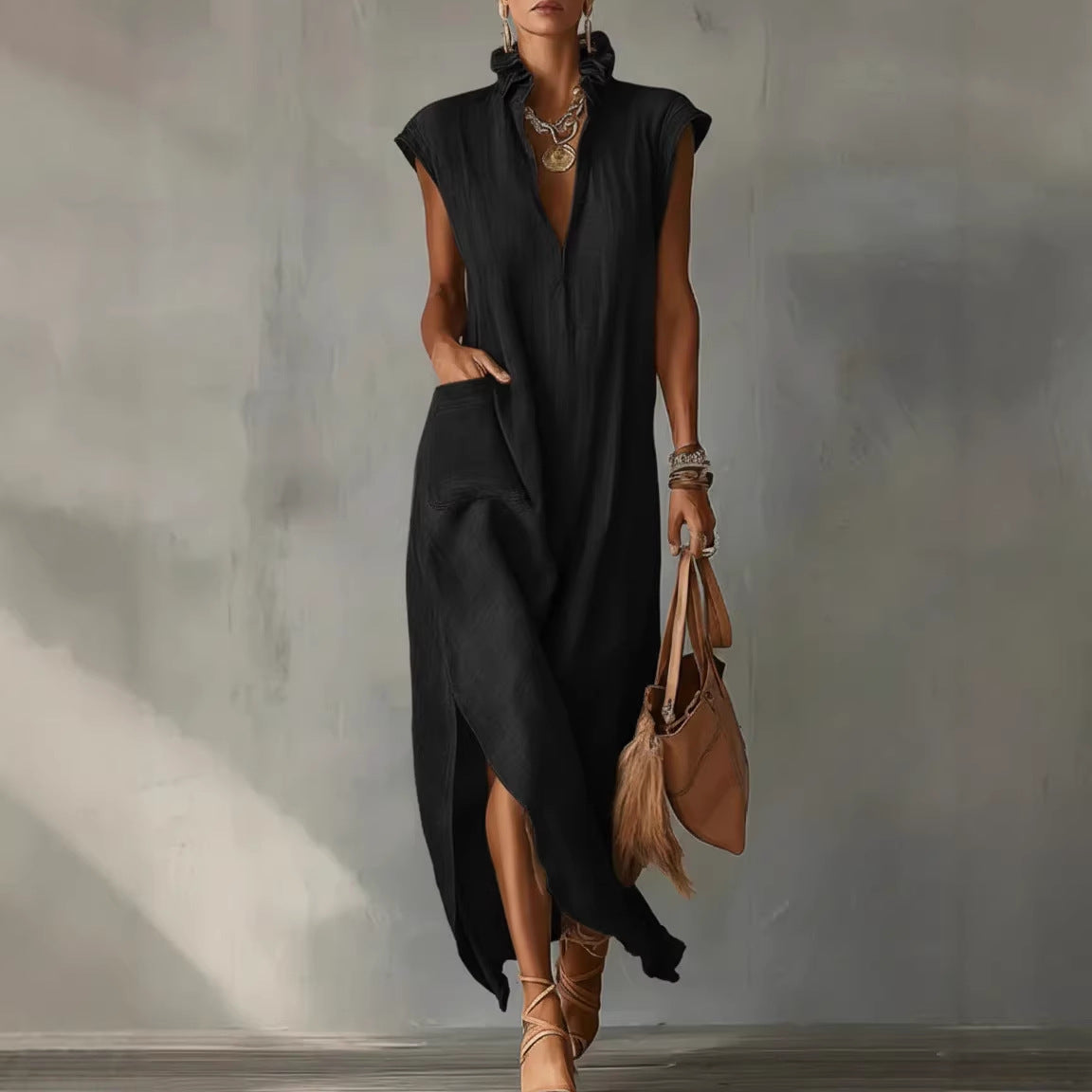 Women's Cotton-Linen Sleeveless Solid-Color Dress 