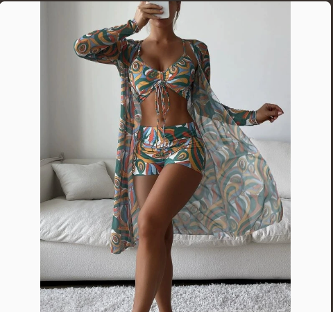 Fashionable Sexy Mesh Cover-Up with Leg-Length Briefs Three-Piece Swimwear Set for Women 