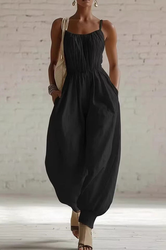 Womens Sleeveless Cotton-Linen Blend Jumpsuit 