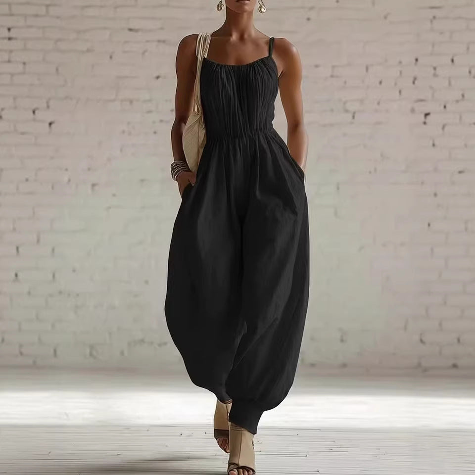 Womens Sleeveless Cotton-Linen Blend Jumpsuit 
