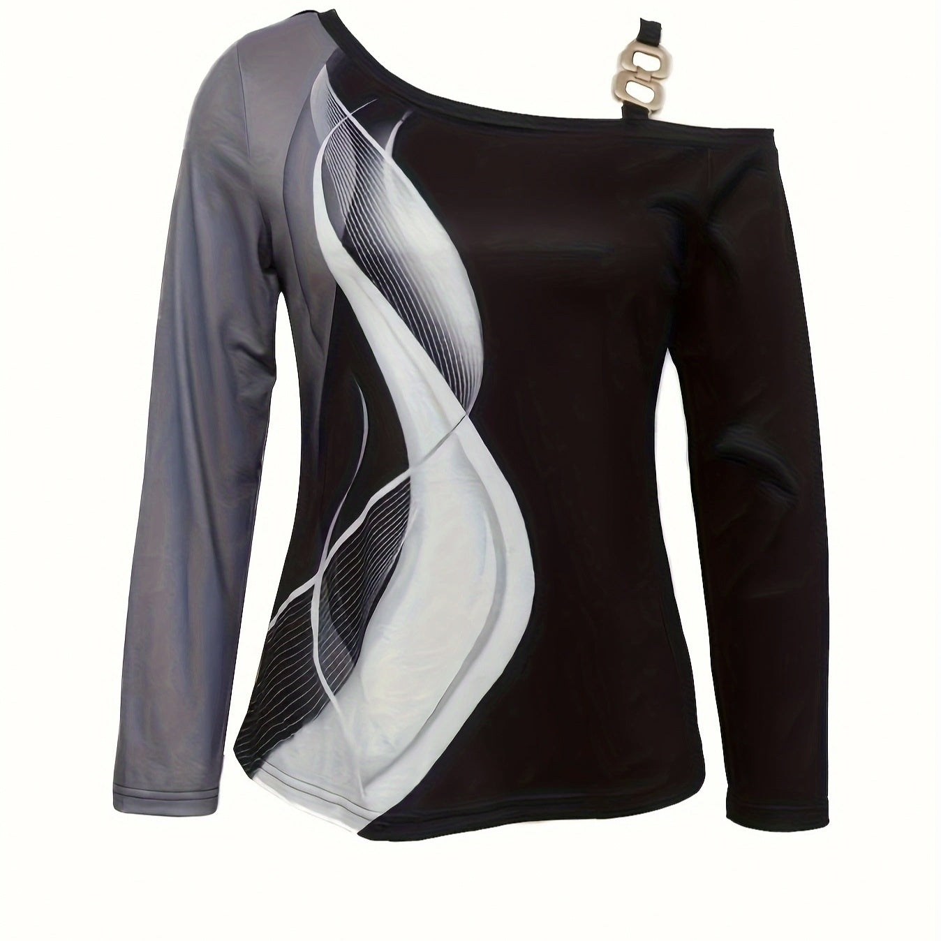 Women's Asymmetrical Design Metal Buckle Shoulder Abstract Print Long Sleeved Autumn And Winter T-shirt CJ US