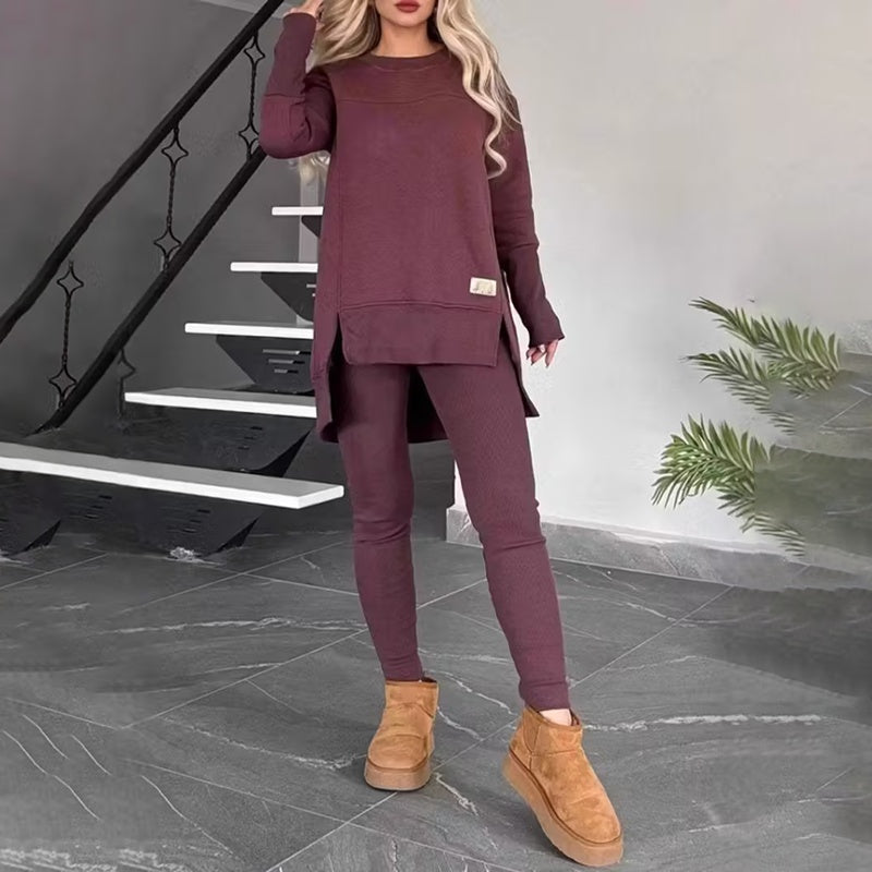 Women's 2-Piece Lounge Set, Casual Long Sleeve Side Slit Sweatshirt Outfit With Stretchy High Waist Leggings CJ US