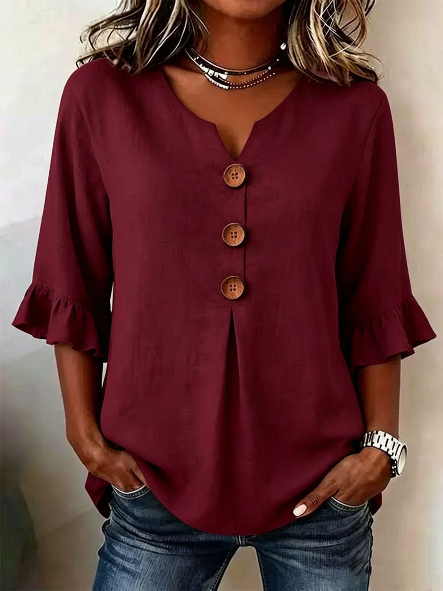 Fashionable Cotton Linen V-Neck Button-Up Blouse for Women Summer Casual Top 