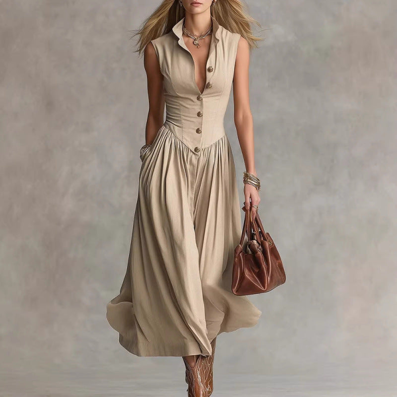 Sleeveless V-Neck Button Dress – Elegant Cotton-Linen Maxi Dress 
