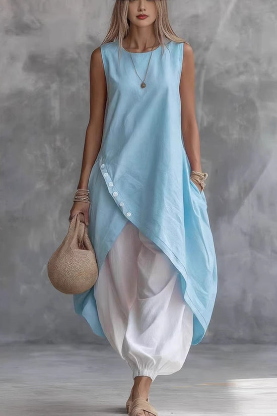 Solid Color Sleeveless Loose Pocketed Mid-Length Dress Set 