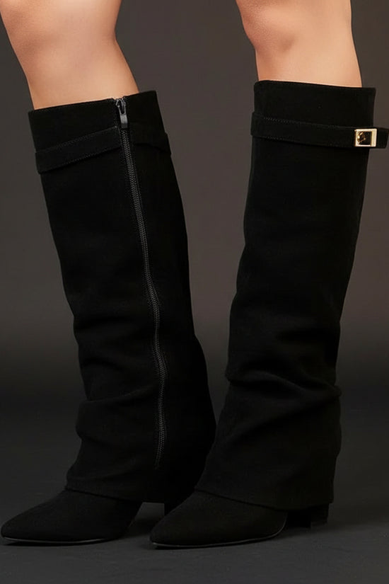 Pointed Toe Straight Tube Pleated Metal Buckle Mid-Calf Boots for Women, Chunky Heel Pipe Boots, Wide Size Available 