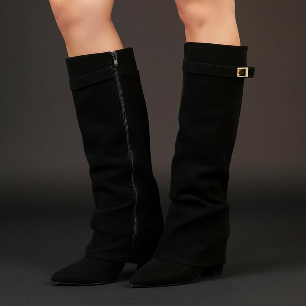 Pointed Toe Straight Tube Pleated Metal Buckle Mid-Calf Boots for Women, Chunky Heel Pipe Boots, Wide Size Available 