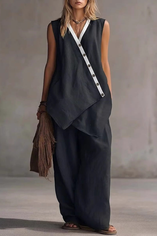 Bohemian Solid-Colored V-Neck Irregular-Button Vest And Wide-Leg Pants Set 