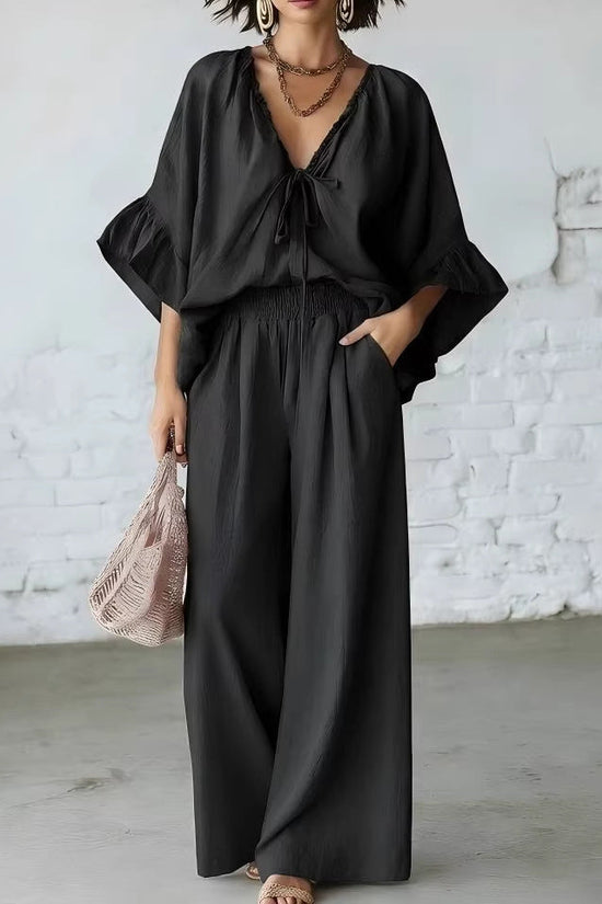Loose-fit Cotton-linen V-neck Wide-leg Pants Two-piece Set 