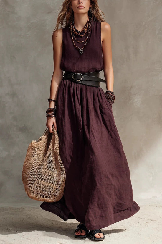 Turn-down Collar Long Sleeveless Dress 