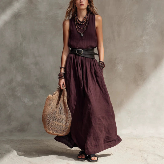 Turn-down Collar Long Sleeveless Dress 