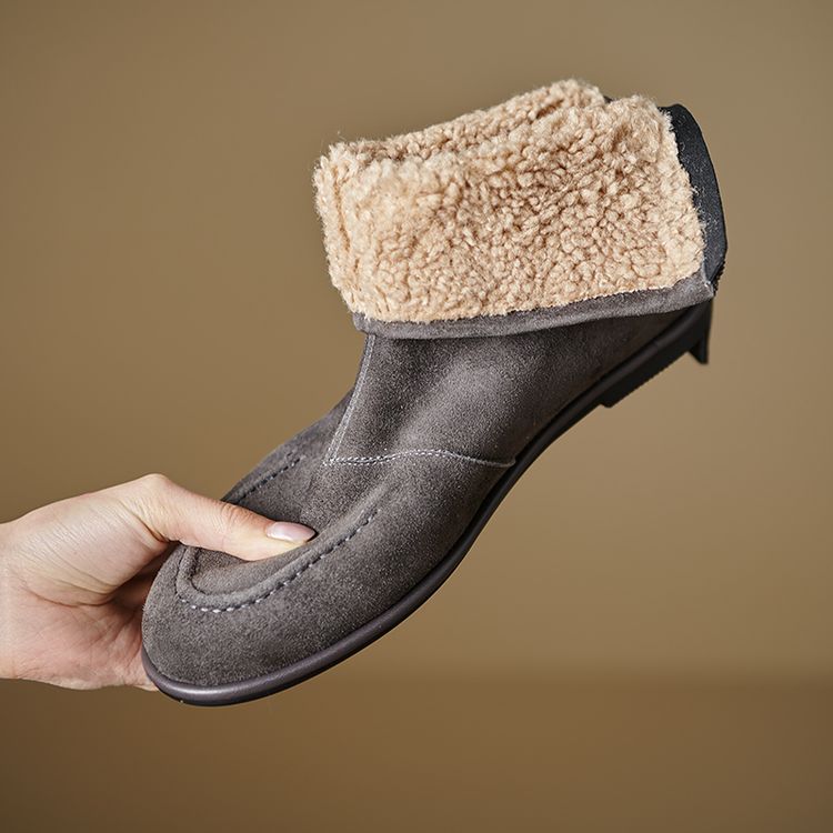 Womens Fleece-Lined Thick Simple Stylish Round-Toe Low-Heel Ankle Boots For FallWinter 