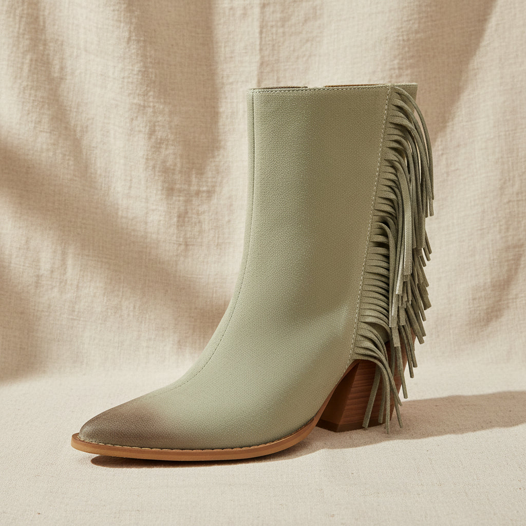 Western Style Ankle Boots for Women, Pointed Toe with Tassel, Chunky High Heel Made to order, ships in 7 days 