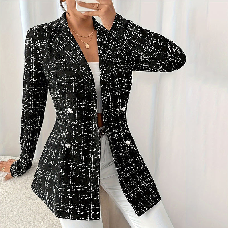 Elegant Women's Plaid Double-Breasted Blazer, Notch Lapel Long Sleeve Tweed Jacket For Office And Casual Wear 