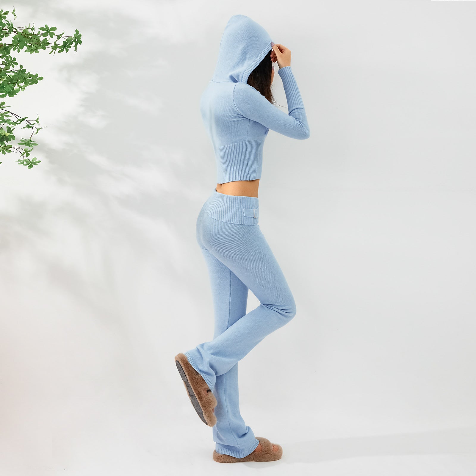 Women’s Knitted Hooded Two-Piece Set – Cardigan & High-Waisted Pants Suit - FitiqueFit