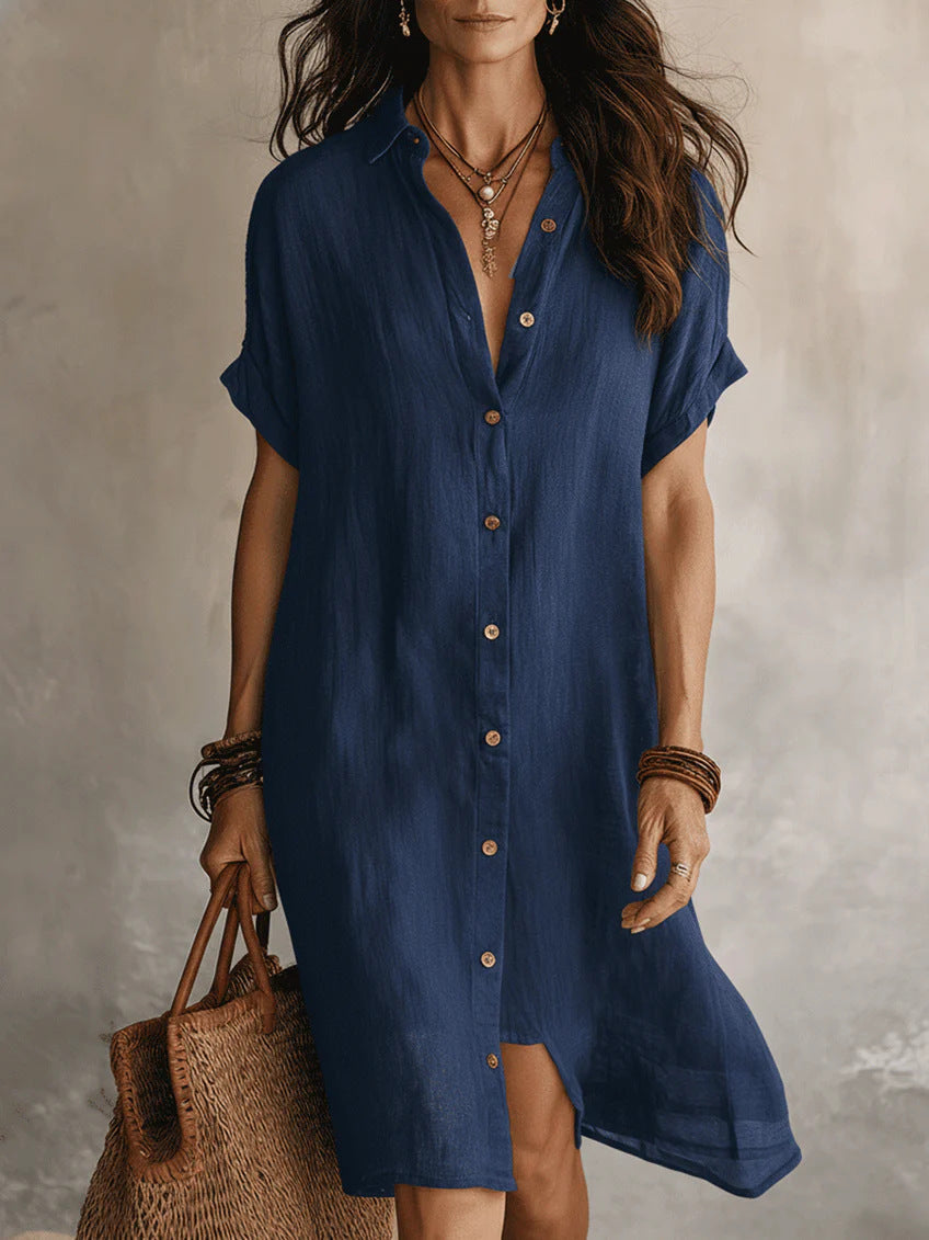 Women's Short-sleeve Buttoned Midi Shirt Dress 