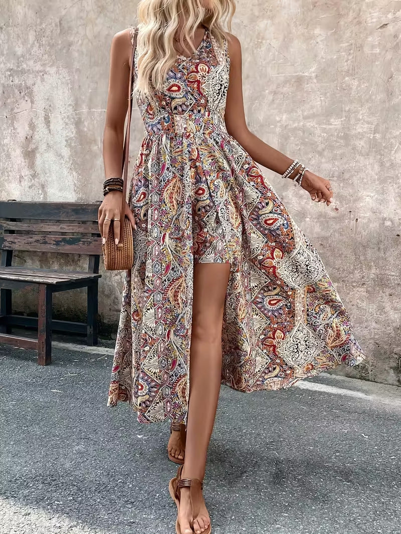 Summer Vacation Casual Chic Fashion Womens Printed V-Neck Sleeveless Jumpsuit 