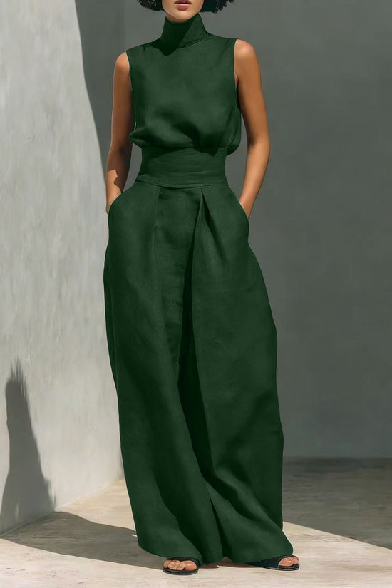 Women’s Cotton Linen Two-Piece Set – Sleeveless Top & Wide-Leg Pants 