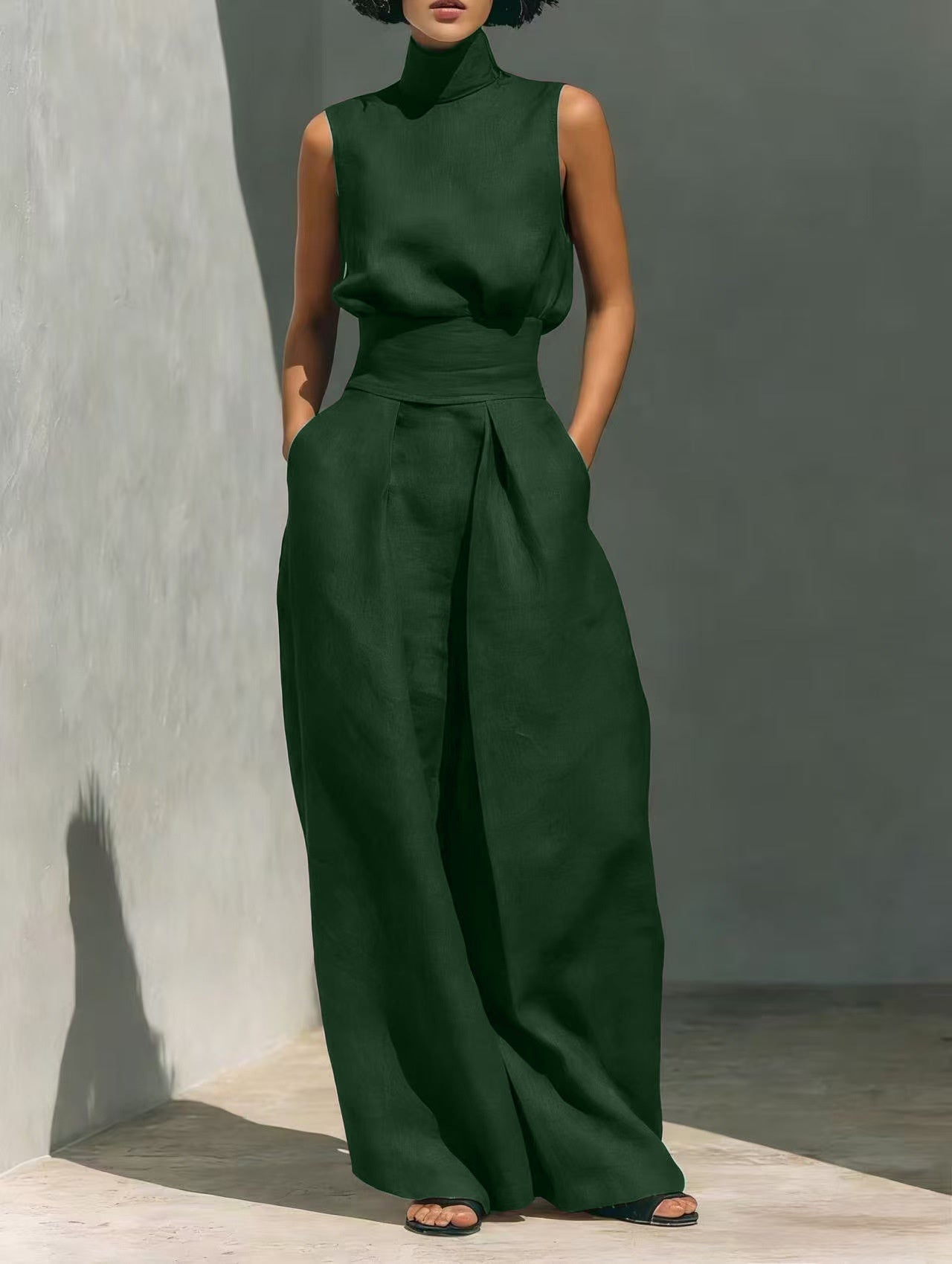Women’s Cotton Linen Two-Piece Set – Sleeveless Top & Wide-Leg Pants 
