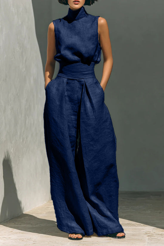 Women’s Cotton Linen Two-Piece Set – Sleeveless Top & Wide-Leg Pants 