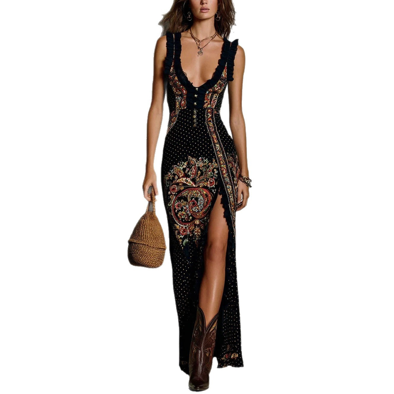 Style Digital Print Sleeveless Split Long Dress 