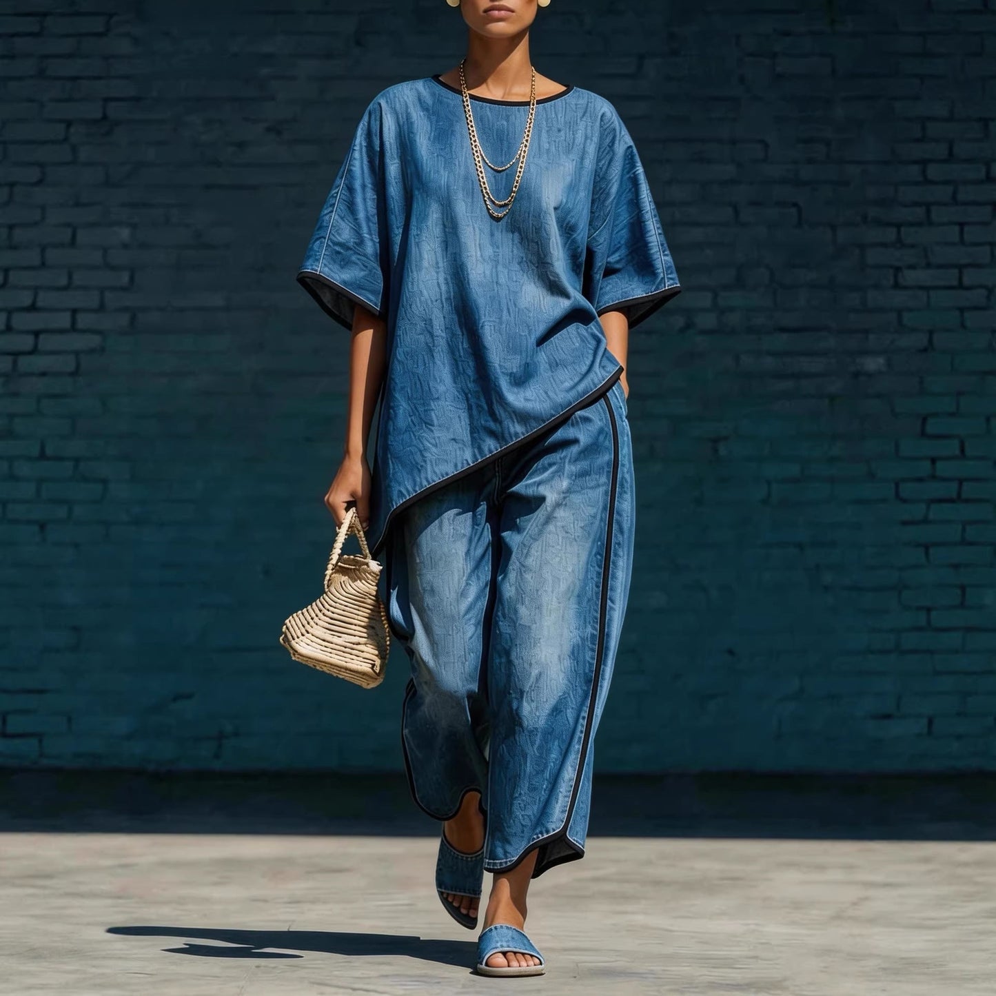 Elegant Casual Denim-Style Loose Wide-Leg Pants Two-Piece Set 